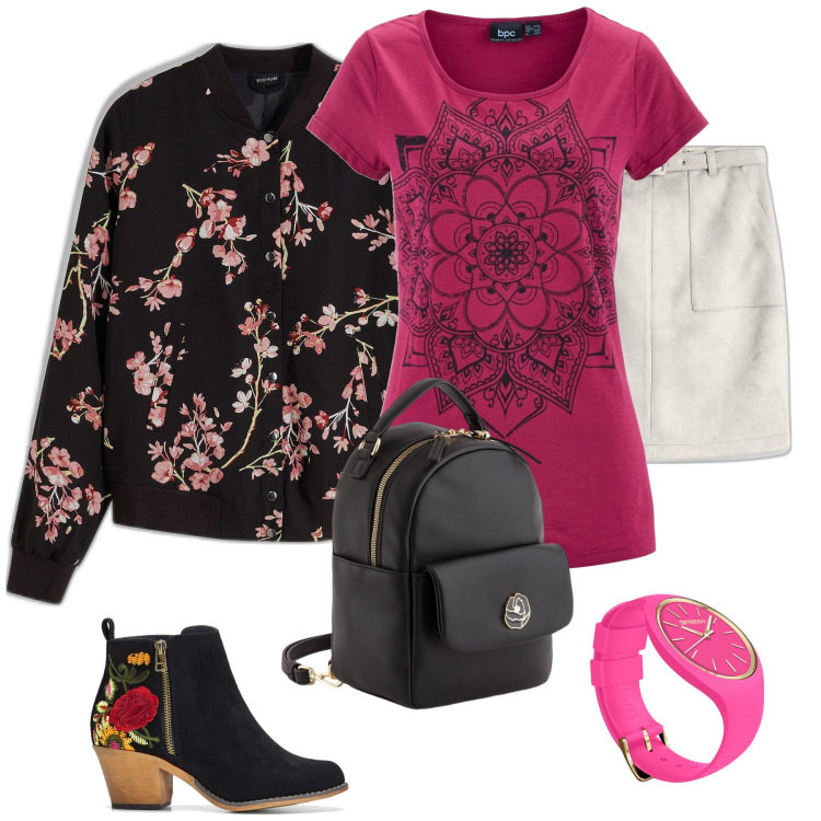 Outfit donna - Fiori e nero. Stile Chic per Tutti i giorni. Abbinamento con bomber, gonne, t-shirt, stivaletti, orologi, zaini.