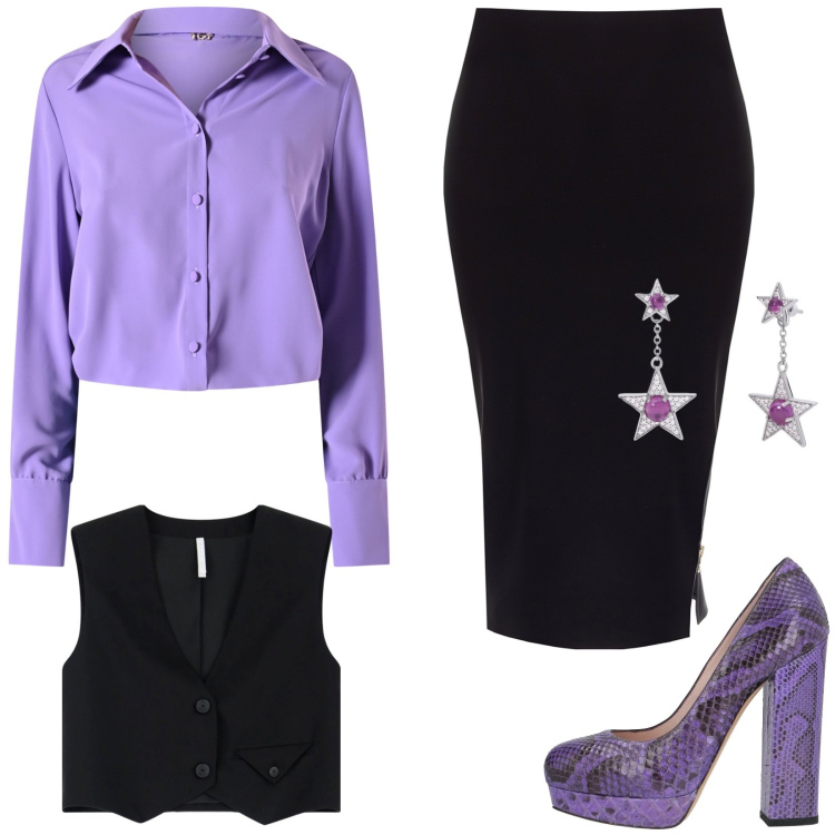 Outfit donna - Ufficio in viola. Stile Bon Ton per Ufficio. Abbinamento con décolleté, orecchini, gonne, camicie, gilet.