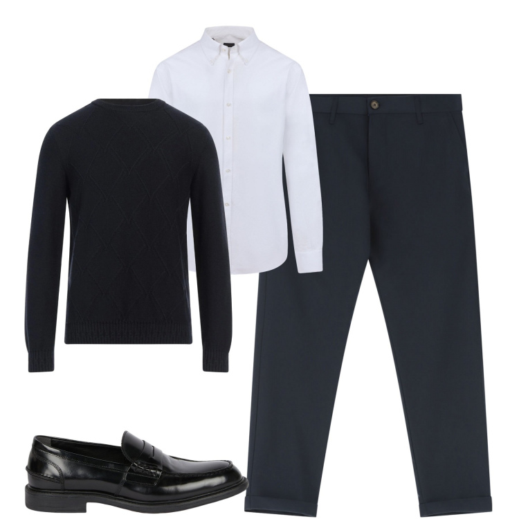 Outfit uomo - In ufficio. Stile Business/Elegante per Ufficio. Abbinamento con pullovers, pantaloni chino, scarpe stringate, camicie.