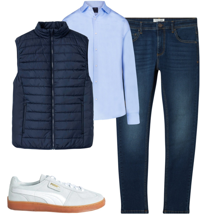 Outfit uomo - City. Stile Urban per Tutti i giorni. Abbinamento con gilet, sneakers, jeans skinny, camicie.