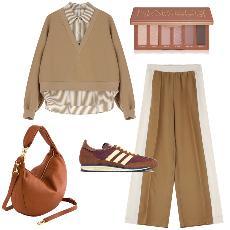 Outfit donna - Total look #2087086. Stile Casual per Tutti i giorni. Abbinamento con ombretti, felpe, pantaloni, sneakers, borse a tracolla.