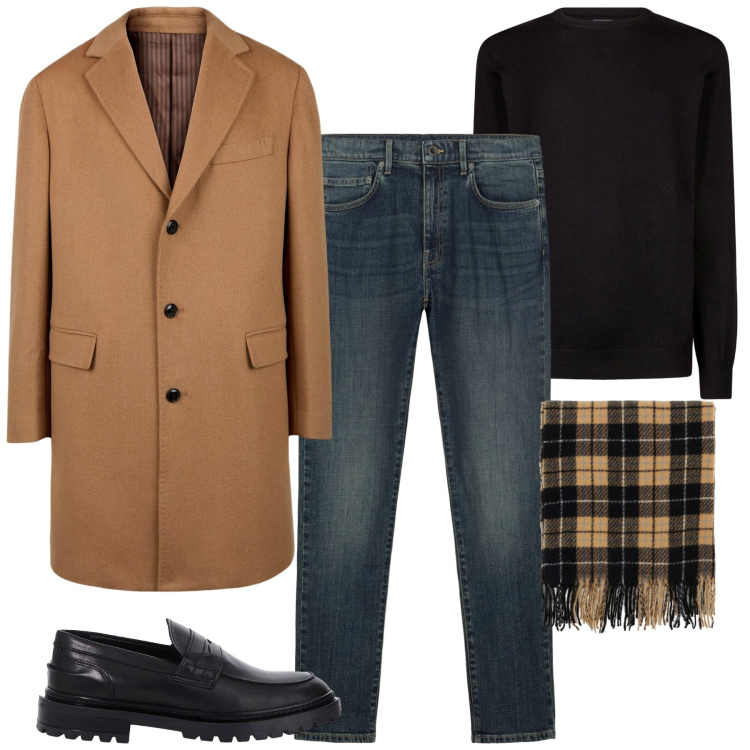 Outfit uomo - Il cappotto cammello in sconto. Stile Urban per Tutti i giorni. Abbinamento con sciarpe, scarpe stringate, maglieria, cappotti, jeans.
