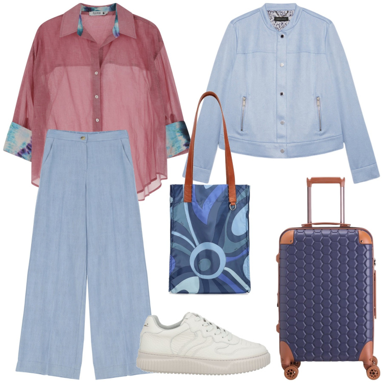 Outfit donna - Total look colorí pastello. Stile Minimal per Tutti i giorni. Abbinamento con sneakers, camicie, jeans, blazer, shopping bag, valigie.
