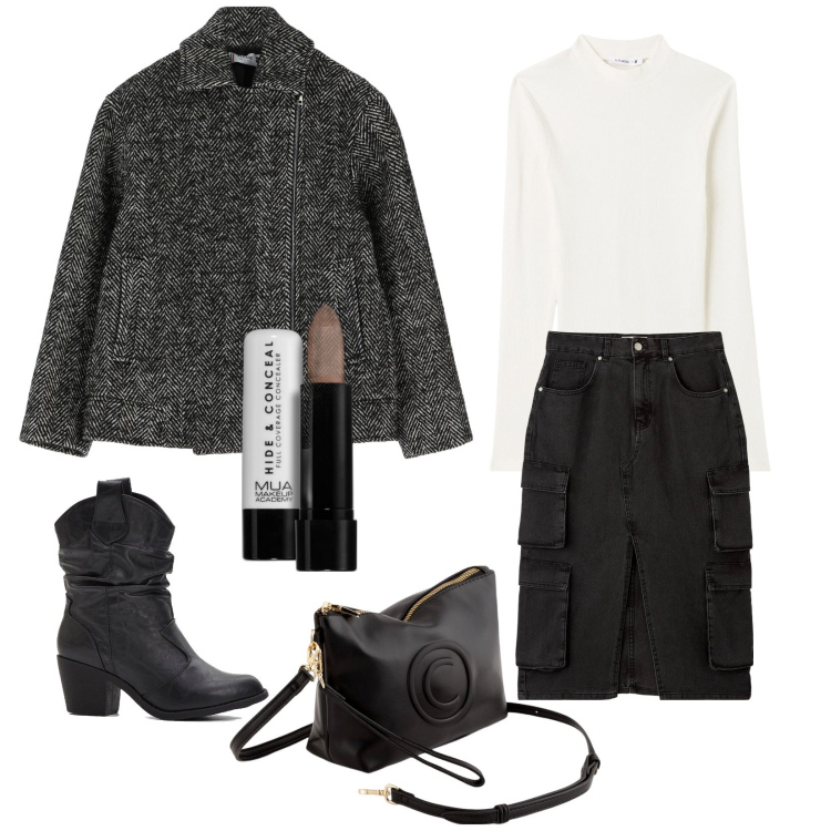 Outfit donna - Total look #2087098. Stile Trendy per Tutti i giorni. Abbinamento con stivaletti texani, correttori, gonne longuette, t-shirt, giacche, valigie.