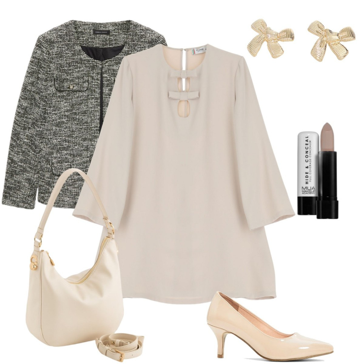 Outfit donna - L’abito rosa cipria. Stile Romantica per Cerimonia. Abbinamento con décolleté, correttori, vestiti corti, orecchini, blazer, borse a tracolla.