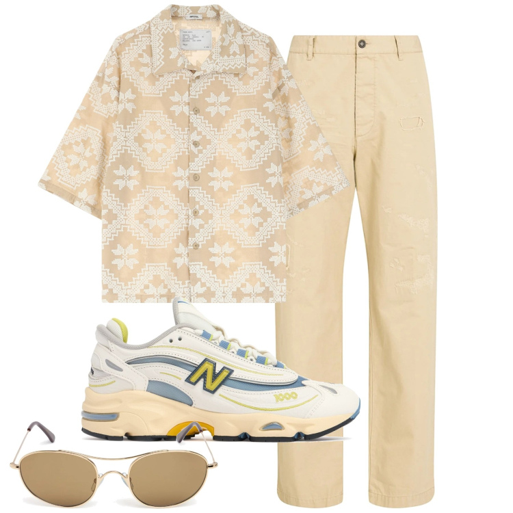 Outfit uomo - City. Stile Trendy per Tutti i giorni. Abbinamento con pantaloni, camicie a manica corta, sneakers, occhiali da sole.