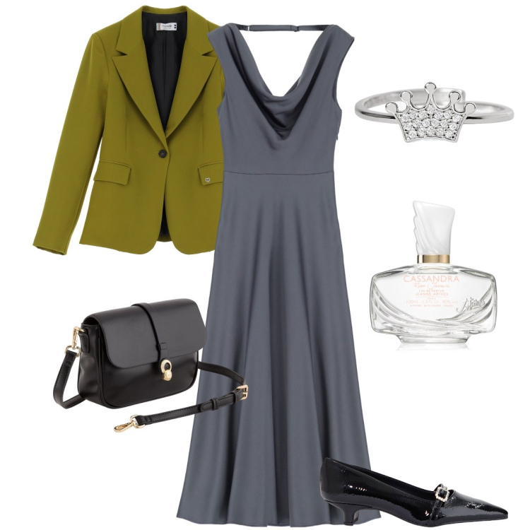 Outfit donna - Il blazer verde. Stile Bon Ton per Cerimonia. Abbinamento con profumi, anelli, blazer, vestiti asimmetrici, ballerine, borse a tracolla.