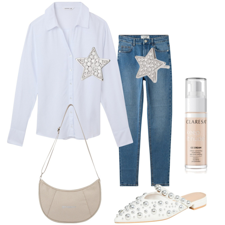 Outfit donna - Non può mancare la bianca. Stile Trendy per Tutti i giorni. Abbinamento con fondotinta, camicie, ballerine, jeans skinny, orecchini, borse a spalla.