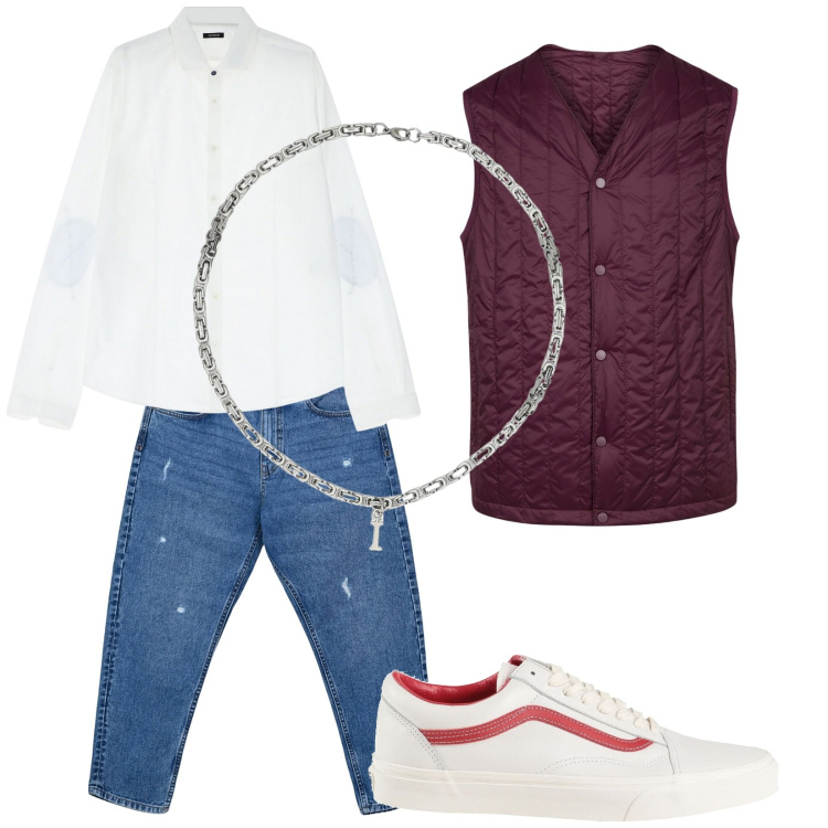 Outfit uomo - Total look #2087118. Stile Casual per Tutti i giorni. Abbinamento con sneakers, jeans strappati, camicie, collane, piumini.