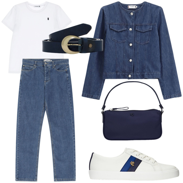 Outfit donna - In jeans a Saint -Tropez. Stile Trendy per Tutti i giorni. Abbinamento con t-shirt, jeans dritti, blazer, cinture, sneakers, pochette.