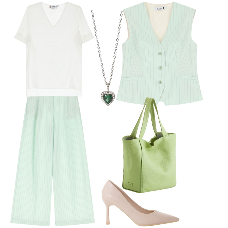 Outfit donna - Passeggiata in centro. Stile Casual chic per Tutti i giorni. Abbinamento con ciondoli, gilet, t-shirt, pantaloni a palazzo, décolleté, shopping bag.