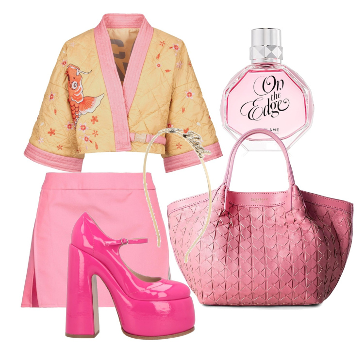 Outfit donna - Total look #2087122. Stile Trendy per Serata fuori. Abbinamento con minigonne, cerchietti, borse a mano, décolleté, profumi, kimono.