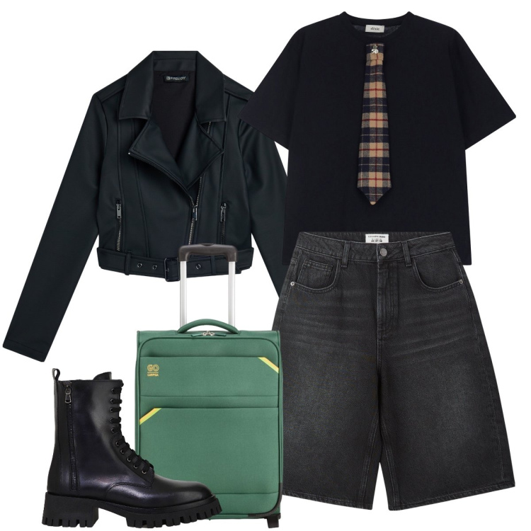 Outfit donna - In viaggio con le bermuda. Stile Trendy per Tutti i giorni. Abbinamento con bermuda, giacche, stivali, t-shirt, valigie.