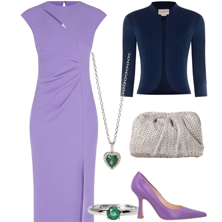 Outfit donna - Total look #2087127. Stile Chic per Cerimonia. Abbinamento con décolleté, anelli, ciondoli, bolero, clutch, vestiti midi/longuette.