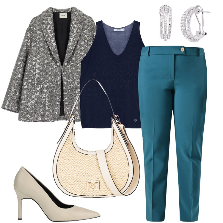Outfit donna - Pronta per la cerimonia. Stile Bon Ton per Cerimonia. Abbinamento con décolleté, top, orecchini, pantaloni, borse a mano, blazer.
