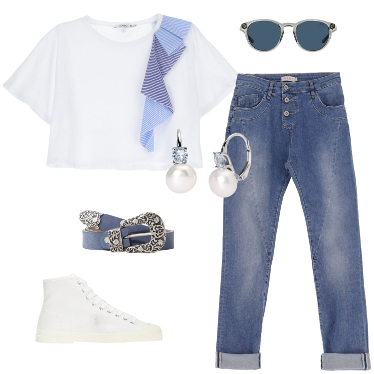 Outfit donna - Jeans, pronta e via. Stile Casual per Tutti i giorni. Abbinamento con orecchini, jeans slim fit, t-shirt, cinture, occhiali da sole, sneakers alte.