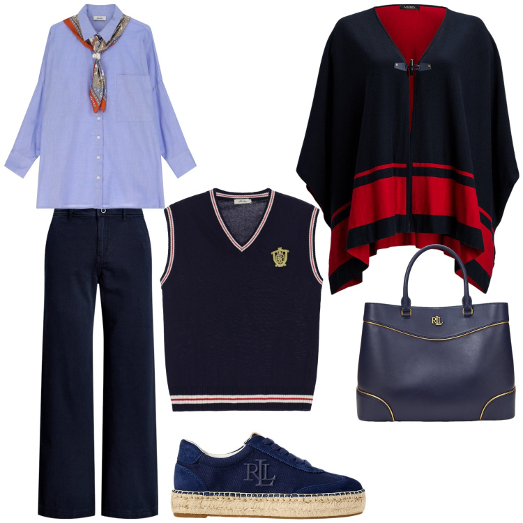 Outfit donna - Giornata un po’ fredda a marzo. Stile Sporty chic per Tutti i giorni. Abbinamento con camicie, gilet, pantaloni, borse a mano, cappotti, sneakers.