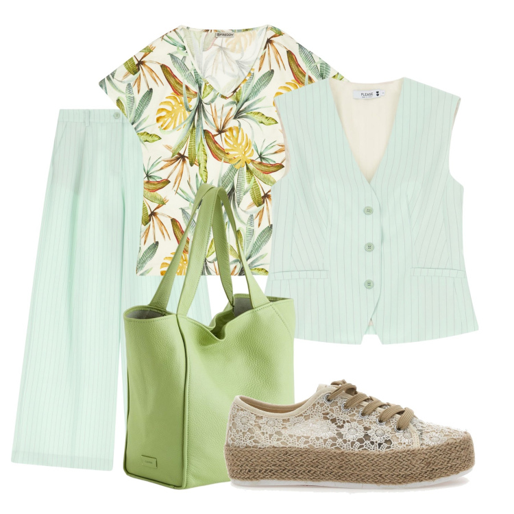 Outfit donna - Total look #2087139. Stile Romantica per Tutti i giorni. Abbinamento con gilet, pantaloni a palazzo, t-shirt, espadrillas, shopping bag.
