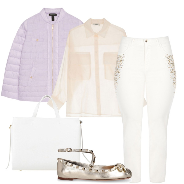 Outfit donna - Il jeans bianco. Stile Romantica per Tutti i giorni. Abbinamento con borse a mano, jeans dritti, camicie, piumini, ballerine.
