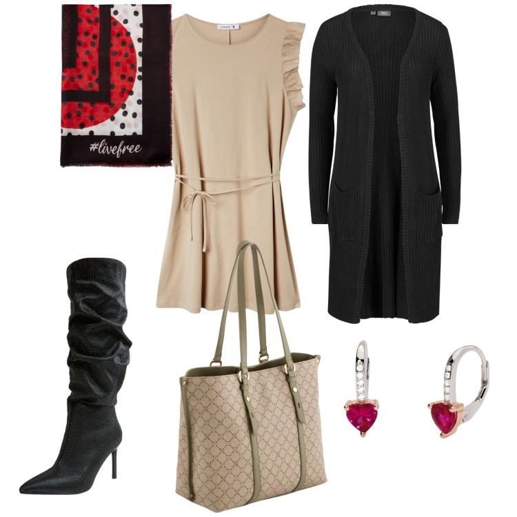 Outfit donna - Un tocco di rosso. per Serata fuori. Abbinamento con cardigans, vestiti, stivali, orecchini, shopping bag, foulard.