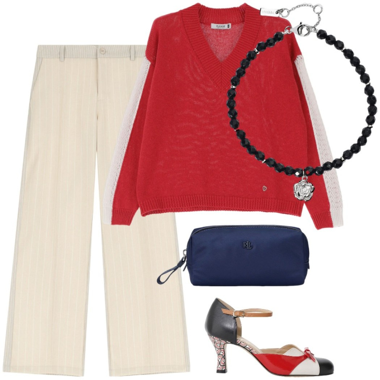 Outfit donna - Aperitivi a saint-tropez. Stile Glamour per Serata fuori. Abbinamento con braccialetti, pantaloni, pullovers, décolleté, pochette.