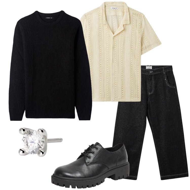 Outfit uomo - Total look #2087175. Stile Casual per Tutti i giorni. Abbinamento con scarpe stringate, maglieria, camicie a manica corta, jeans, orecchini.