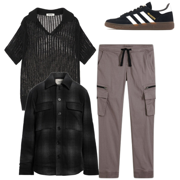 Outfit uomo - City. Stile Casual per Tutti i giorni. Abbinamento con pantaloni cargo, giacche, maglieria, sneakers.