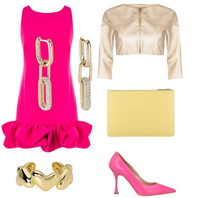 Outfit donna - L\'amica della Sposa. Stile Glamour per Cerimonia. Abbinamento con décolleté, pochette, orecchini, anelli, bolero, vestiti.
