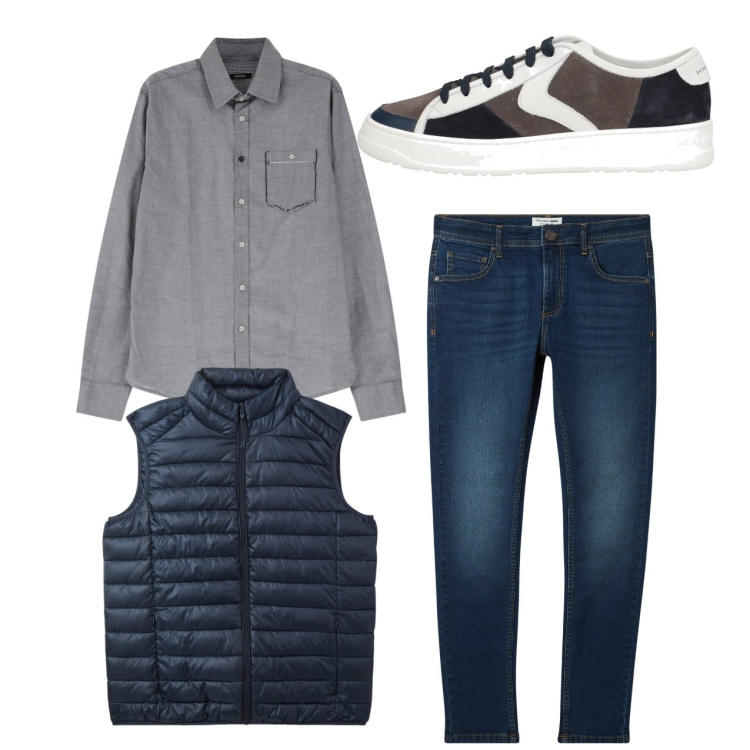 Outfit uomo - City. Stile Casual per Tutti i giorni. Abbinamento con sneakers, piumini, jeans skinny, camicie.