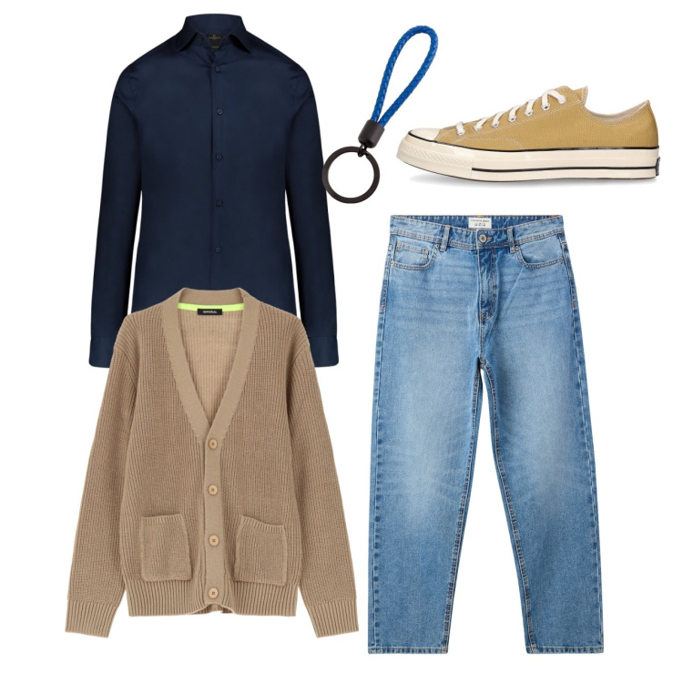 Outfit uomo - City. Stile Casual per Tutti i giorni. Abbinamento con jeans, cardigans, camicie, sneakers, portachiavi.