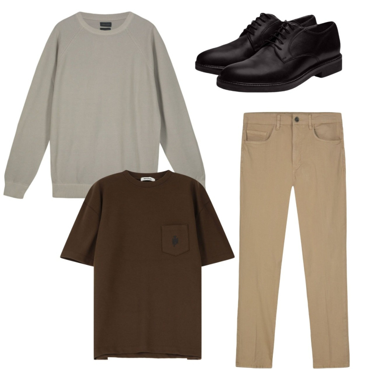 Outfit uomo - City. Stile Casual per Tutti i giorni. Abbinamento con t-shirt, scarpe stringate, pantaloni, maglieria.