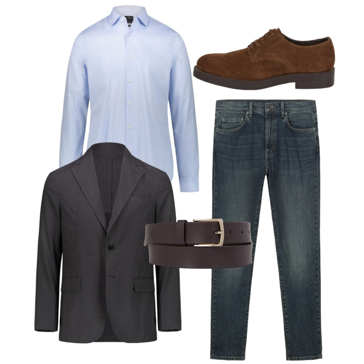 Outfit uomo - City. Stile Casual per Tutti i giorni. Abbinamento con giacche, camicie, cinture, scarpe stringate, jeans.