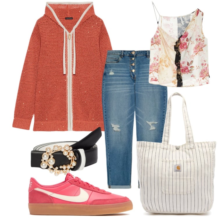 Outfit donna - Il cardigan con cappuccio. Stile Urban per Tutti i giorni. Abbinamento con top, cardigans, jeans strappati, cinture, sneakers, borse tote.