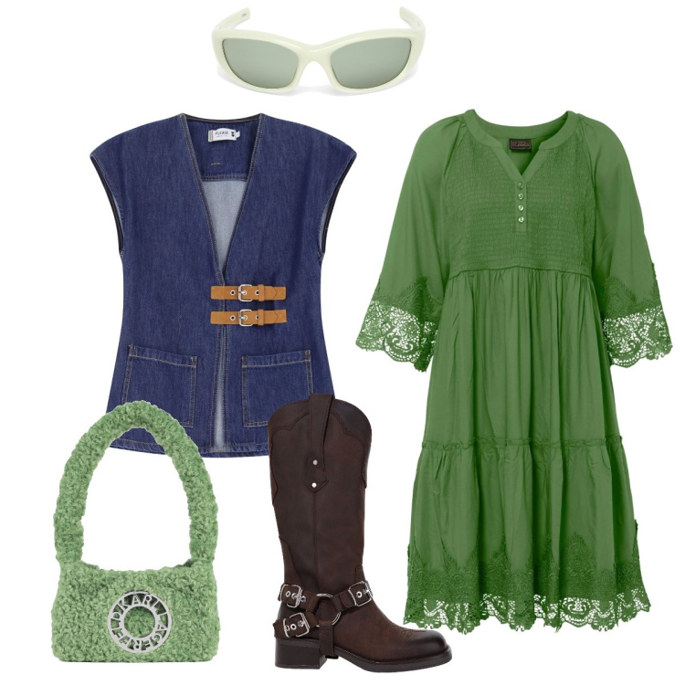 Outfit donna - L’abito che ricorda gli anni 70. Stile Etnico per Tutti i giorni. Abbinamento con vestiti chemisier, borse a spalla, gilet, stivali, occhiali da sole.
