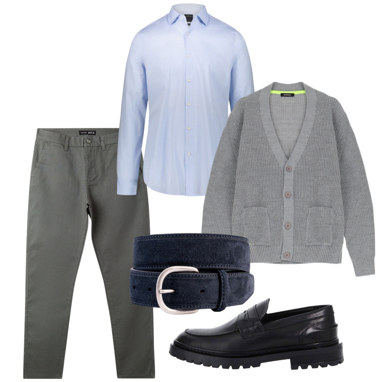 Outfit uomo - Un comodo cardigan. Stile Casual per Tutti i giorni. Abbinamento con pantaloni chino, cardigans, scarpe stringate, camicie, cinture.