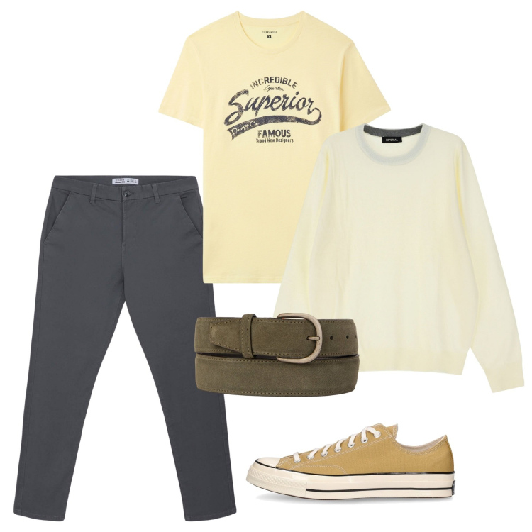 Outfit uomo - Paglierino primavera. Stile Casual per Tutti i giorni. Abbinamento con t-shirt, pantaloni chino, maglieria, sneakers, cinture.