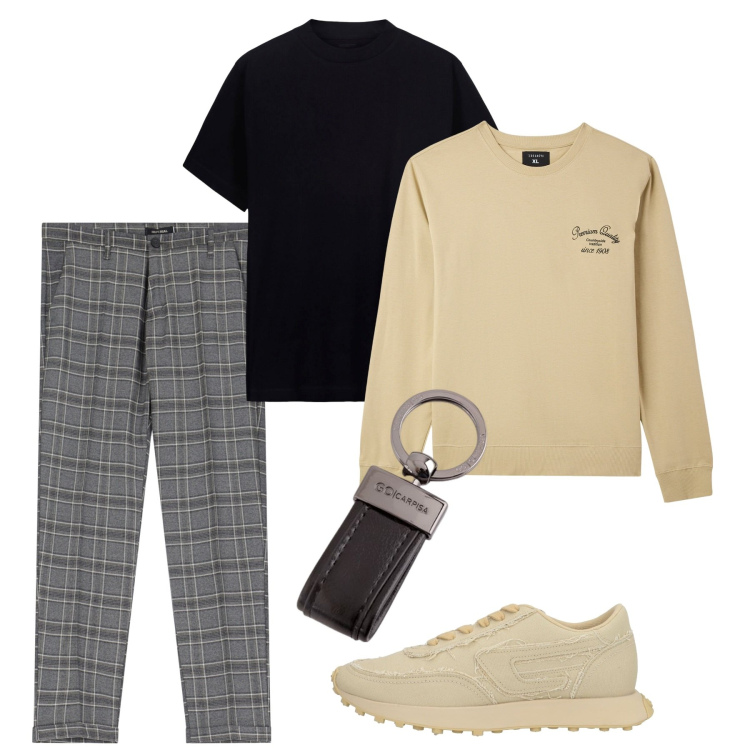 Outfit uomo - Quadri e felpa. Stile Trendy per Tutti i giorni. Abbinamento con sneakers, felpe, pantaloni, portachiavi, t-shirt.