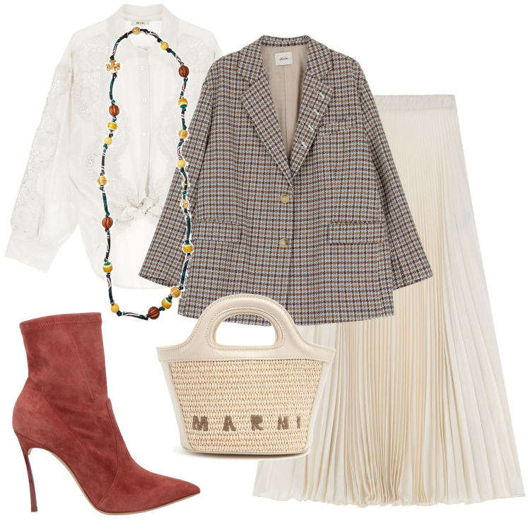 Outfit donna - Evento glamour. Stile Glamour per Serata fuori. Abbinamento con collane, stivaletti, gonne lunghe, blazer, camicie, shopping bag.