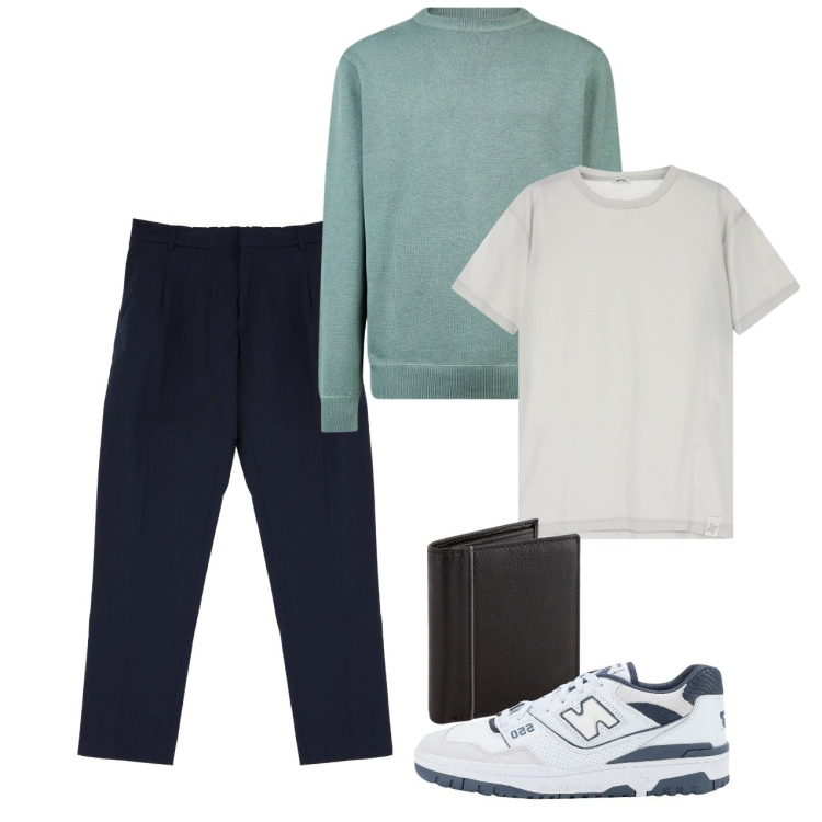 Outfit uomo - Marzo. Stile Casual per Tutti i giorni. Abbinamento con sneakers, pantaloni, t-shirt, maglieria, portafogli.