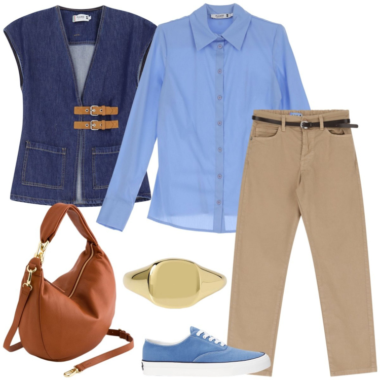 Outfit donna - Total look #2087239. Stile Casual per Tutti i giorni. Abbinamento con camicie, pantaloni, gilet, anelli, sneakers, borse a tracolla.