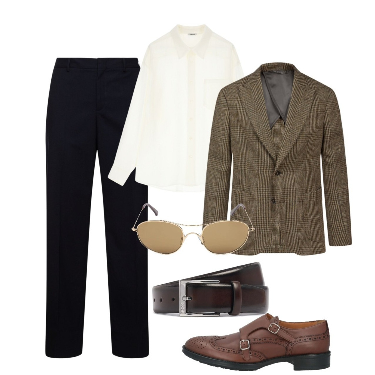 Outfit uomo - Marzo. Stile Casual per Tutti i giorni. Abbinamento con scarpe stringate, camicie, giacche, cinture, pantaloni, occhiali da sole.