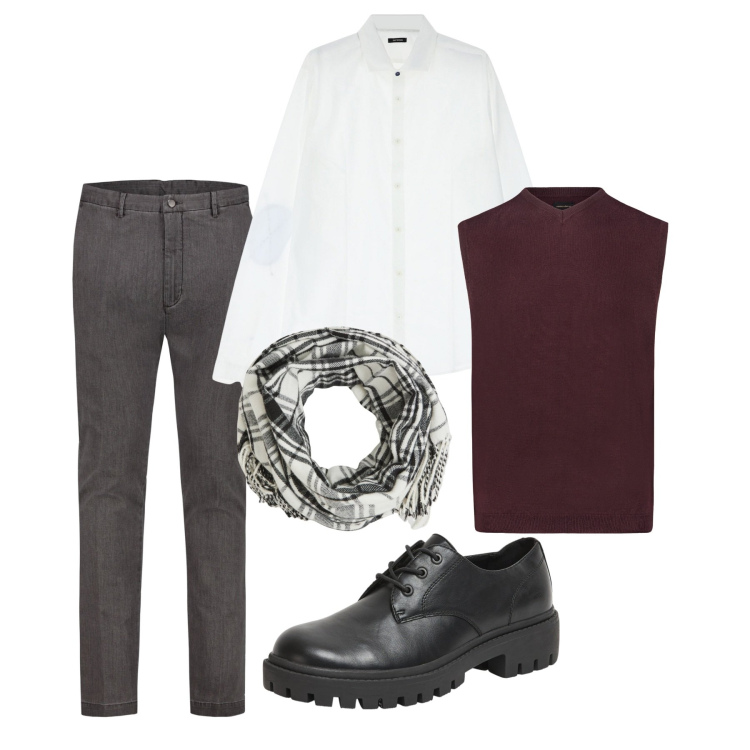 Outfit uomo - Marzo. Stile Casual per Tutti i giorni. Abbinamento con scarpe stringate, sciarpe, camicie, pantaloni, gilet.