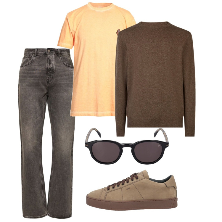 Outfit uomo - Qualcosa di arancio. Stile Casual per Tutti i giorni. Abbinamento con sneakers, t-shirt, maglieria, occhiali da sole, jeans.