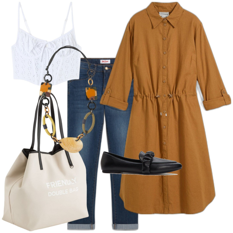 Outfit donna - Lo chemisier come spolverino. Stile Urban per Tutti i giorni. Abbinamento con vestiti chemisier, jeans dritti, mocassini, top, shopping bag, collane.