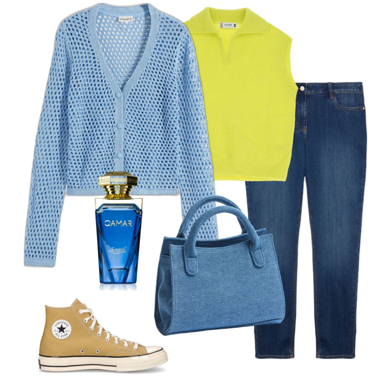 Outfit donna - Azzurro cielo. Stile Casual per Tutti i giorni. Abbinamento con cardigans, profumi, borse a tracolla, maglieria, jeans skinny, sneakers.