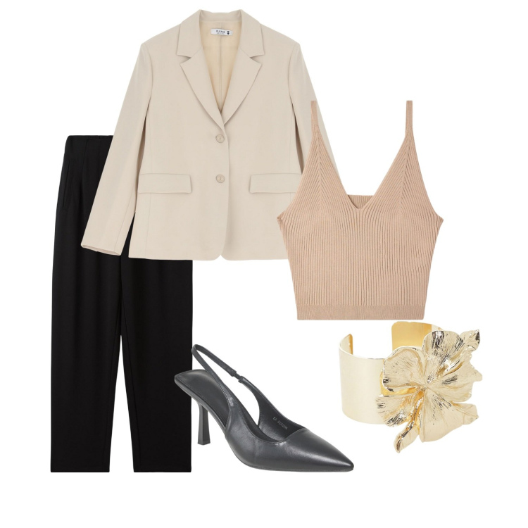 Outfit donna - Elegantemente luce. Stile Chic per Serata fuori. Abbinamento con canottiere, décolleté, pantaloni chino, blazer, braccialetti.