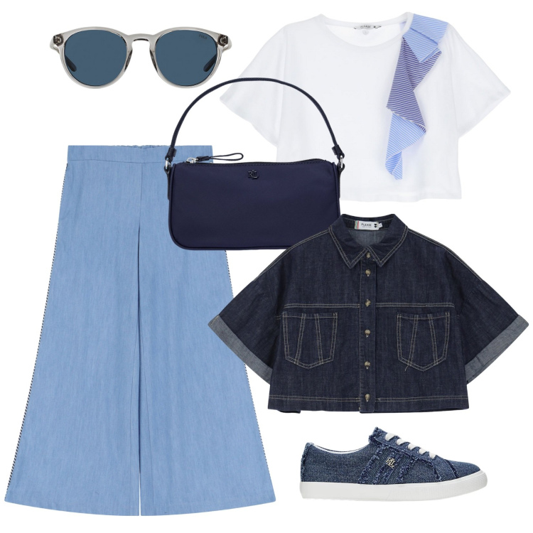 Outfit donna - Linee a trapezio. Stile Casual per Tutti i giorni. Abbinamento con t-shirt, blazer, pantaloni a palazzo, occhiali da sole, pochette, sneakers.