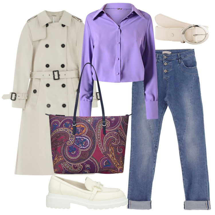 Outfit donna - Un tocco di lilla. Stile Mannish per Tutti i giorni. Abbinamento con mocassini, camicie, trench, jeans slim fit, borse tote, cinture.