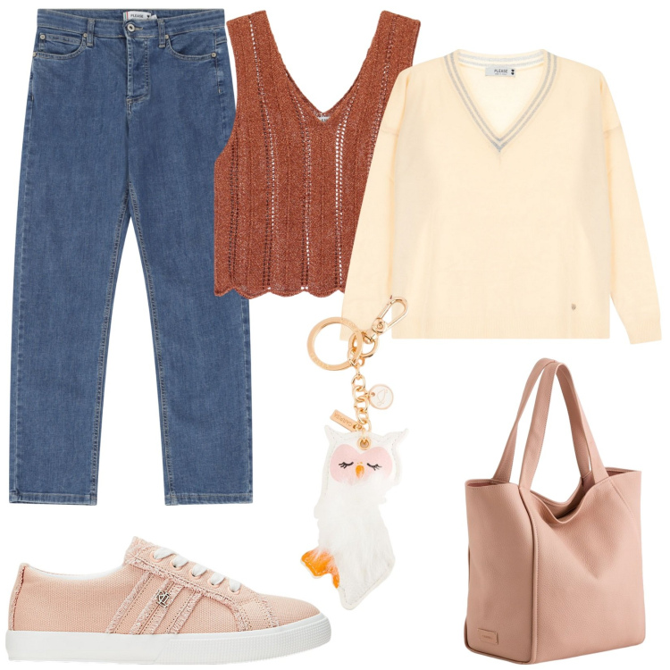 Outfit donna - Please Saint Tropez. Stile Basic per Tutti i giorni. Abbinamento con top, jeans dritti, maglieria, sneakers, portachiavi, shopping bag.