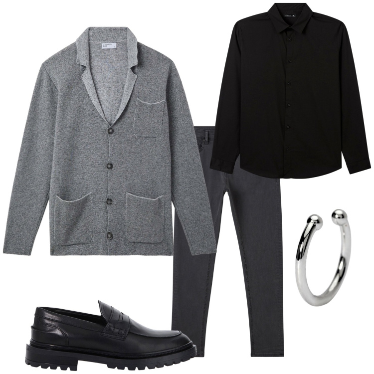Outfit uomo - La giacca in maglia. Stile Trendy per Serata speciale. Abbinamento con giacche, pantaloni skinny, camicie, orecchini, scarpe stringate.